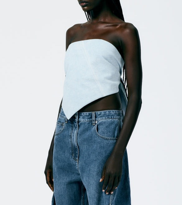 Bleached Denim Tie Back Handkerchief Top - TheStorebySchneeweiss