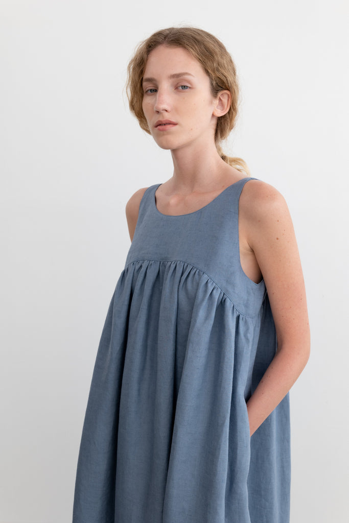 Linen Empire Dress Blue - TheStorebySchneeweiss
