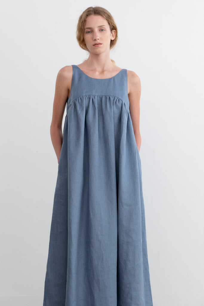 Linen Empire Dress Blue - TheStorebySchneeweiss